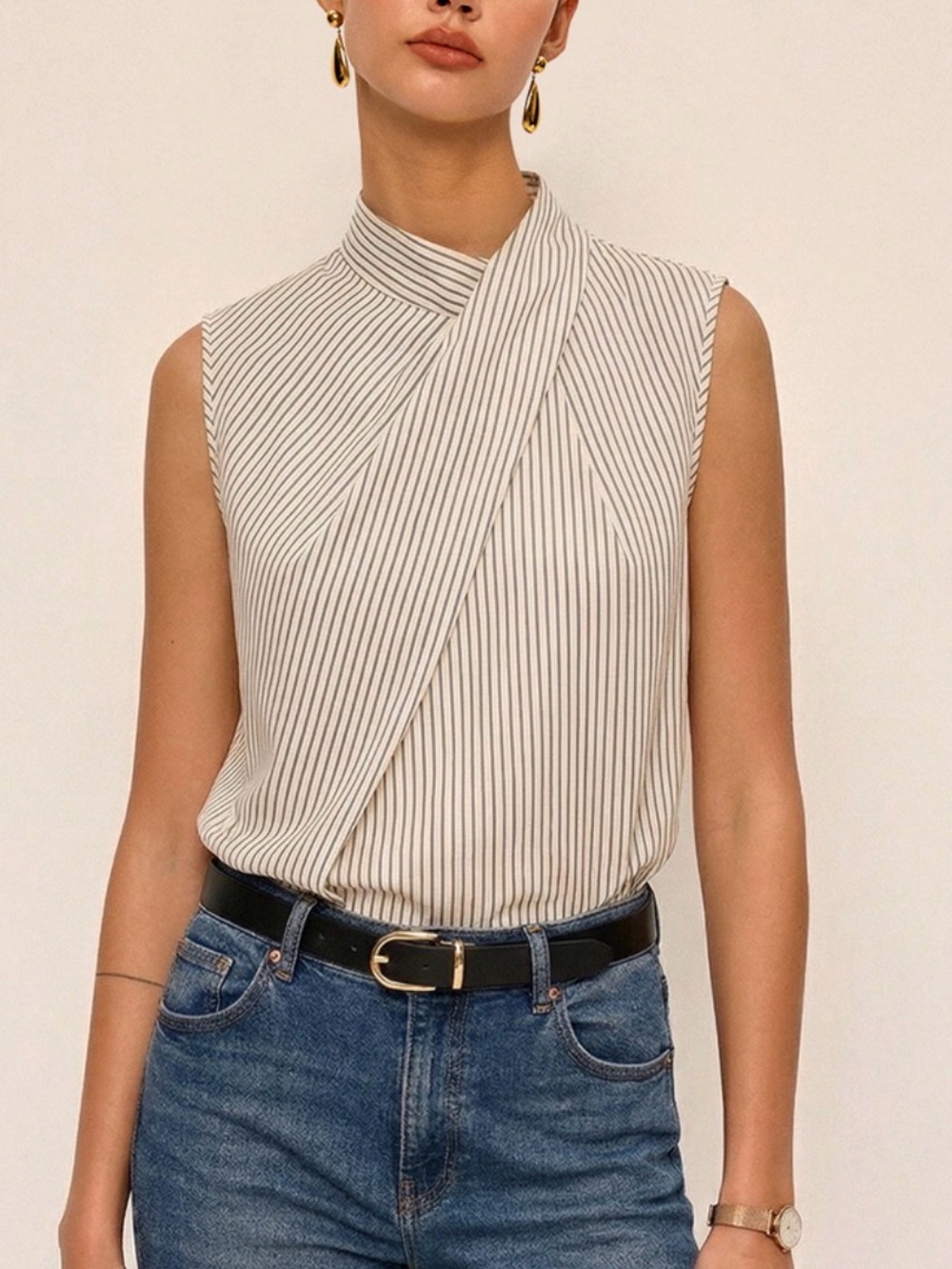 Commense Sleeveless Striped High-Neck Blouse